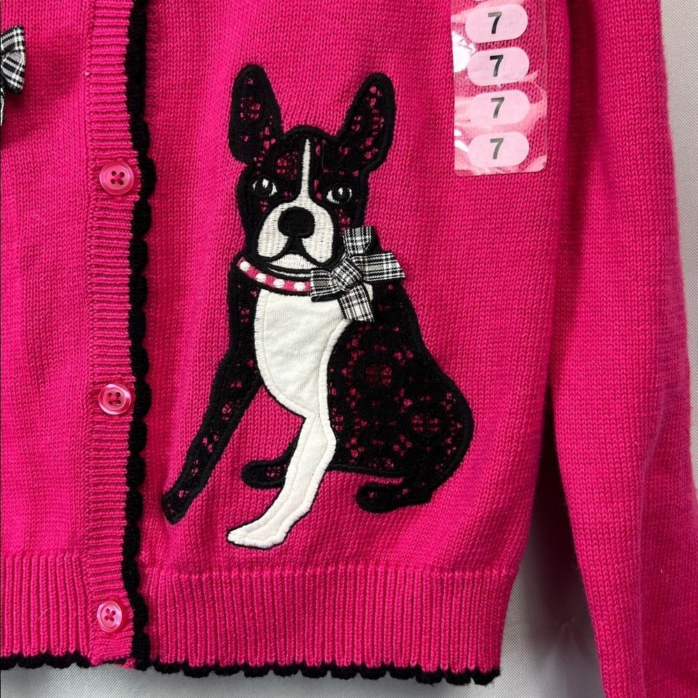 Hartstrings Bright pink cotton cardigan sweater with French bulldog appliqué NWT - Picture 5 of 12